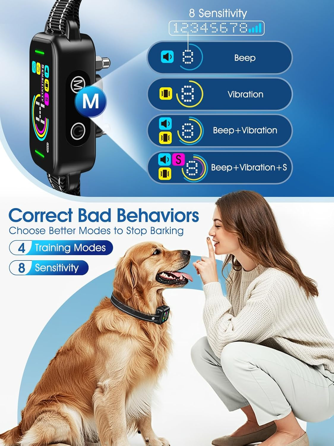 Smart Bark Collar - Rechargeable anti Barking Training Collar with 8 Adjustable Sensitivity, Beep & Shock (Dark Black) for Large, Medium & Small Dogs